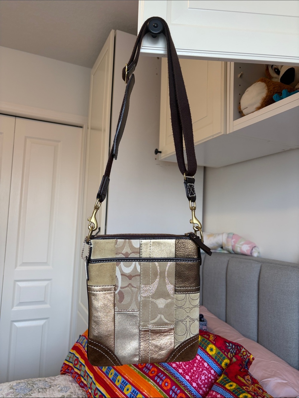 Coach Metallic Patchwork Crossbody Bag in Brown and Gold